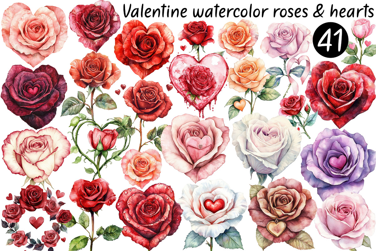 Valentine watercolor roses & hearts, a Seasonal Illustration by CitraGraphics (Photo 1 of 6)