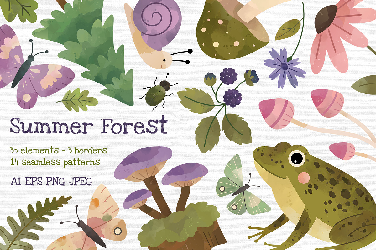Summer Woodland Watercolor Clipart, a Seasonal Illustration by Hanna's ArtLab (Photo 1 of 6)