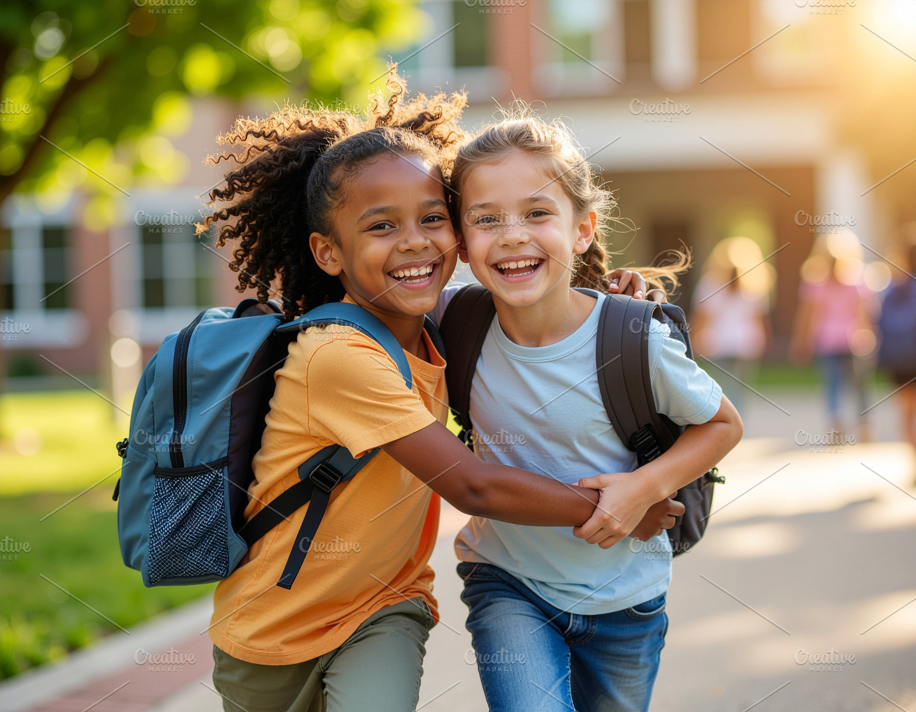 Two girls running hand in hand to school, a School & Education Photo by DanFLCreativo