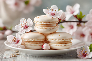 Pink macarons with cherry blossoms on a plate, a Food & Drink Photo by AlyaAnd