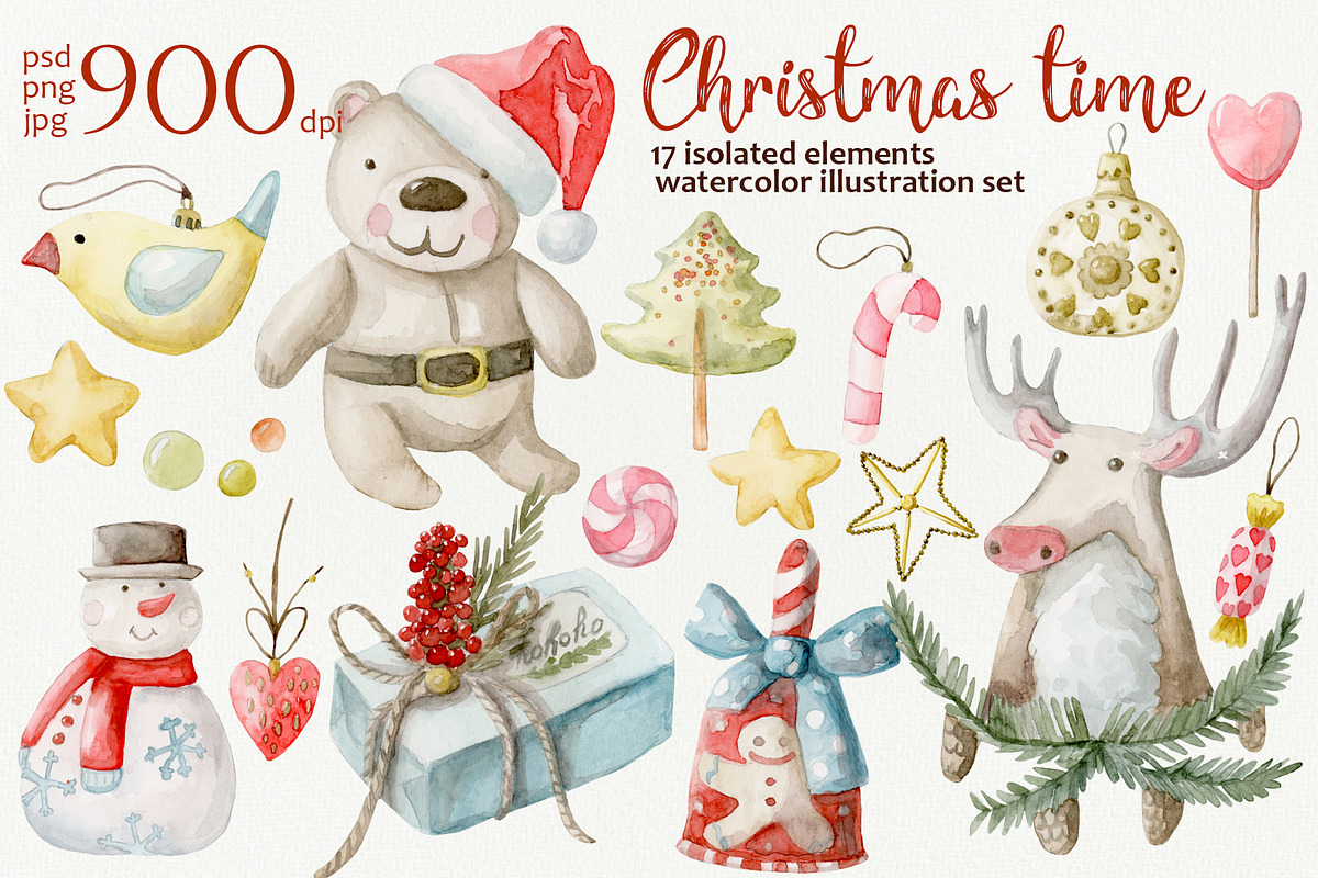 Merry Christmas watercolor set, an Illustration by My watercolor shop (Photo 1 of 3)