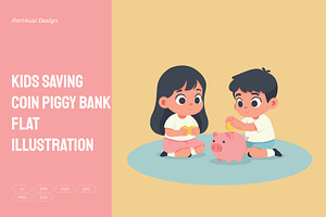 Kids Saving Coin Piggy Bank Flat