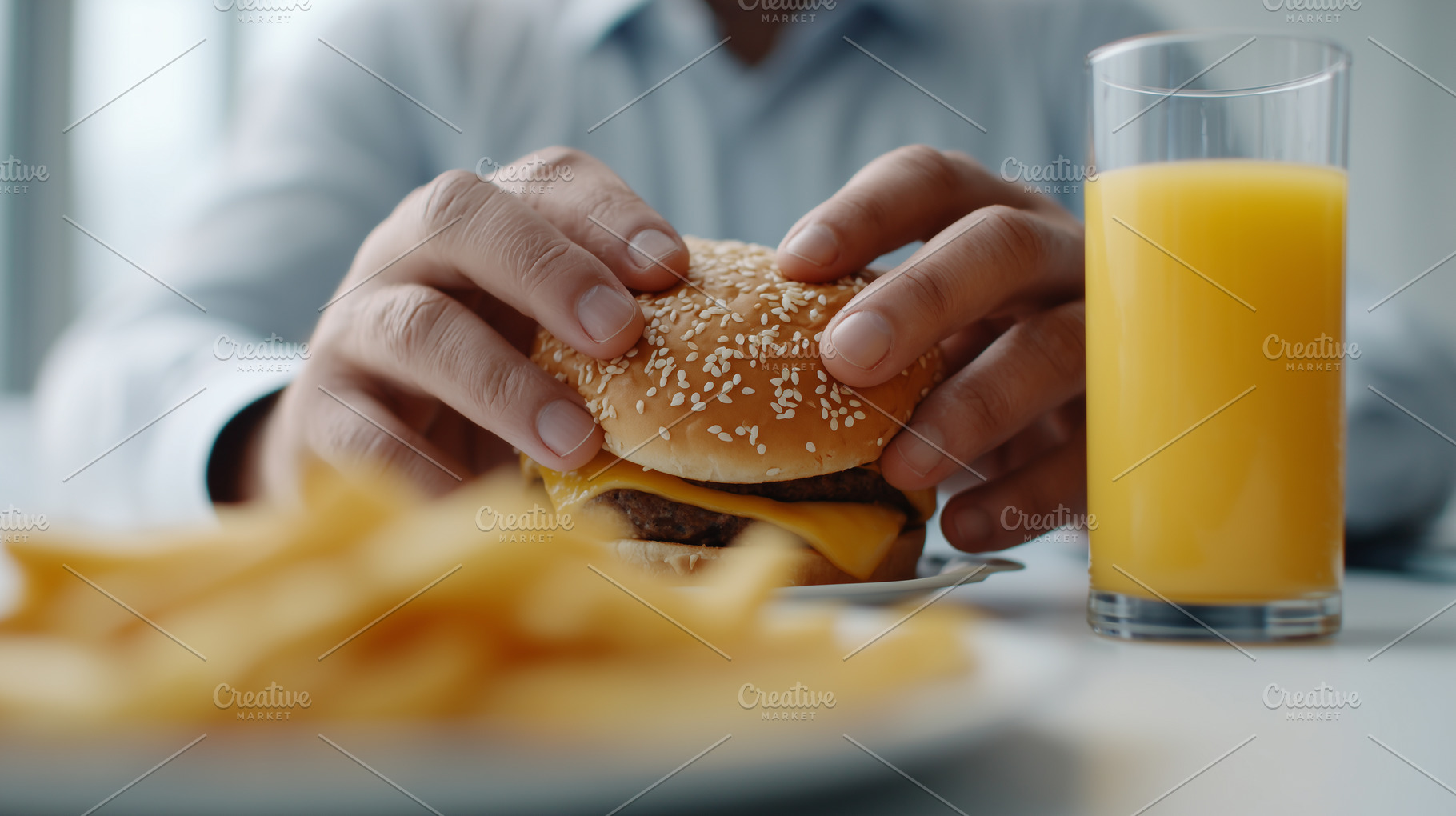 Man holding cheeseburger with fries, a Food & Drink Photo by MistyDay