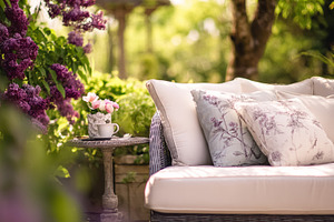 Outdoor sofa with floral pillows and teapot on a rustic table in, a Photo by Studio ANNA
