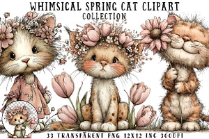 Whimsical Spring Cat Clipart, an Illustration by OK Design
