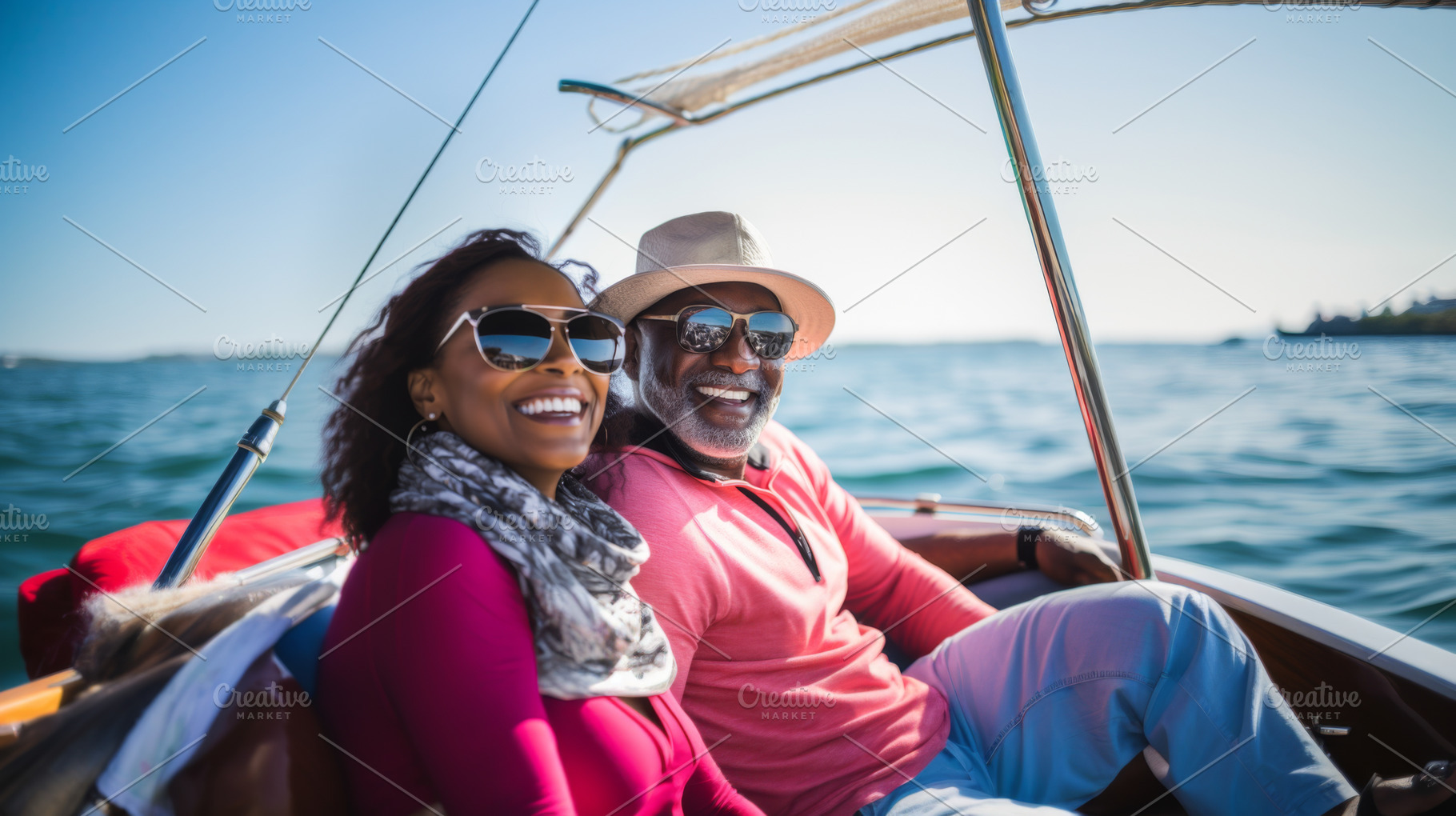 Happy middle-aged black couple enjoying yacht vacation under sun, a Photo by Dvoevnore photos