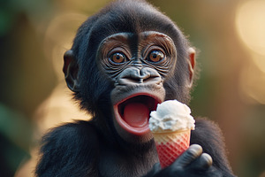 Funny gorilla baby eating ice cream on blurred background, an Animal Photo by AlyaAnd