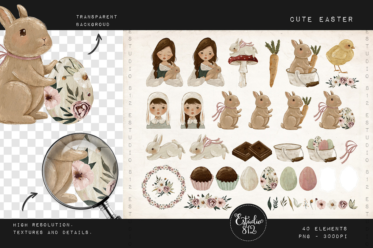 Cute vintage easter clipart set, an Illustration by Estudio 812 (Photo 2 of 7)