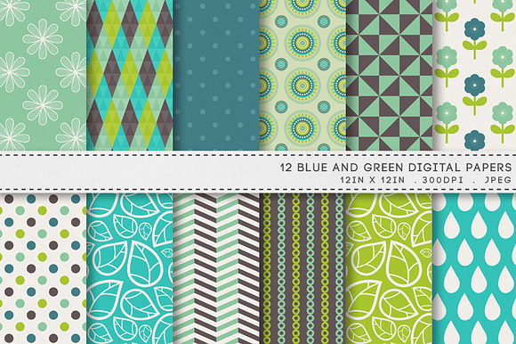 12 Blue Green Digital Papers