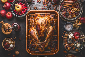 Thanksgiving dinner with turkey featuring apples, autumn, and autumn cooking