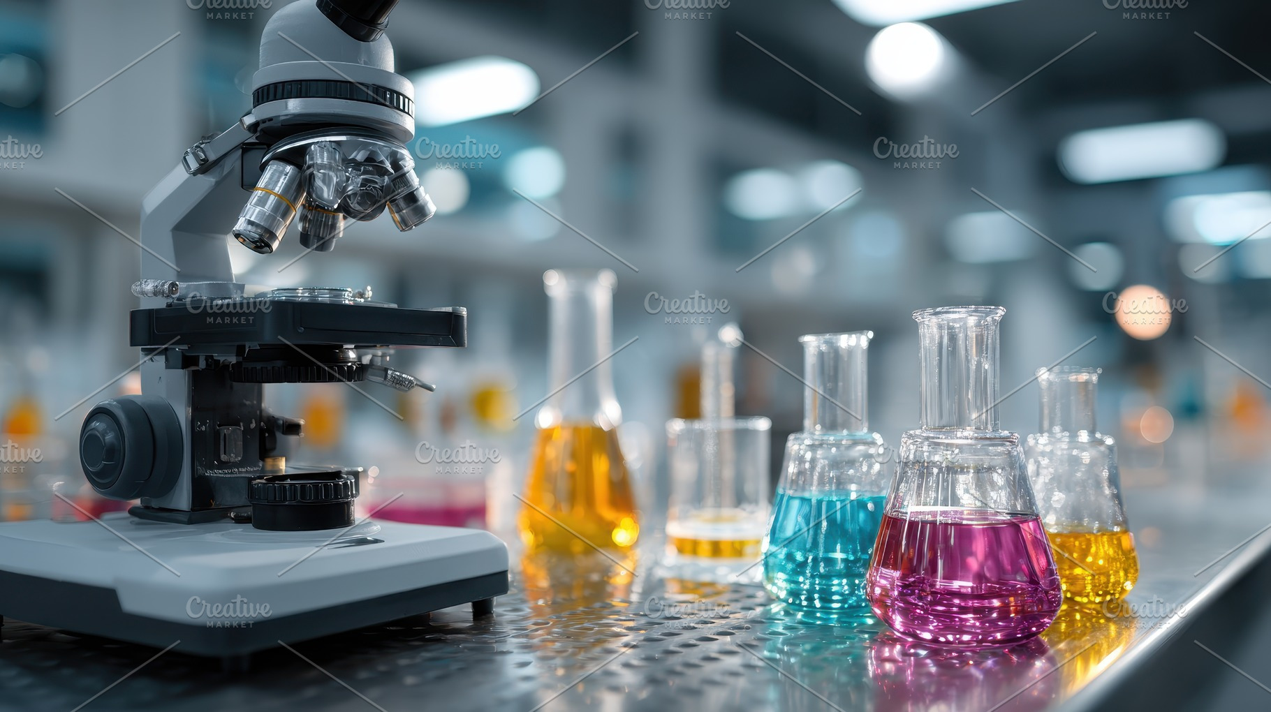 Microscope and colorful liquids in l, a Photo by Pixeness Studio
