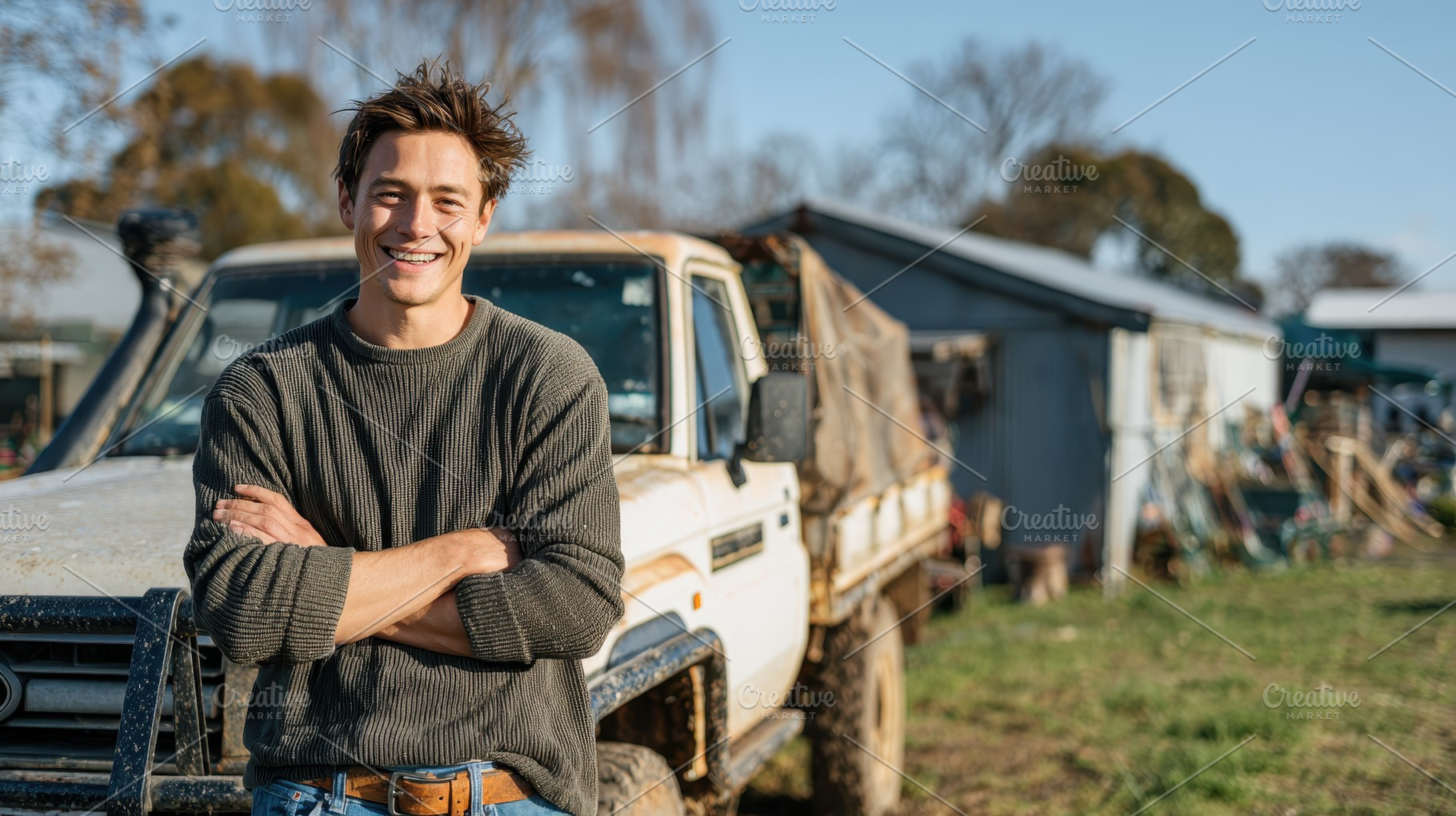 Happy farmer standing by his truck o, a Photo by Pixeness Studio