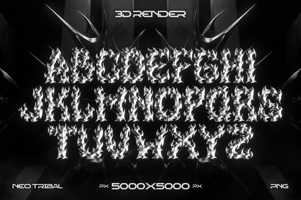 3D CHROME | NEO TRIBAL DISPLAY FONT, an Object Graphic by BonkiStudio (Photo 2 of 3)