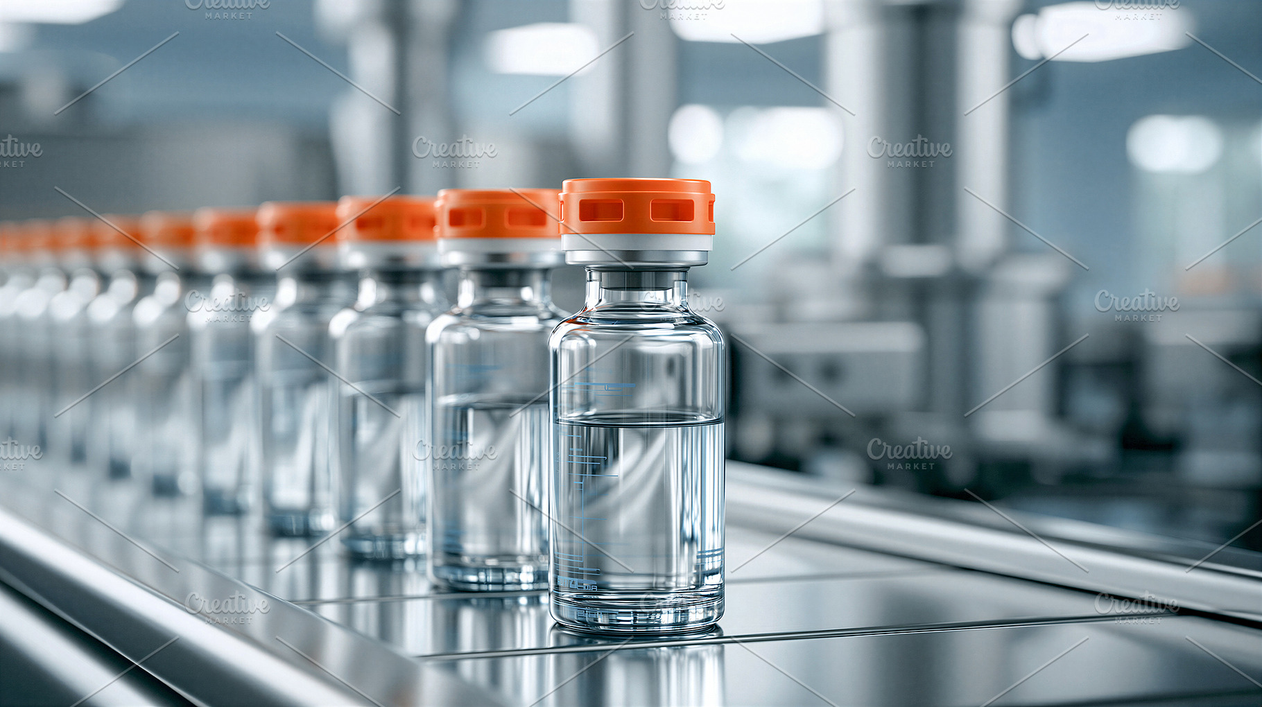 Glass vials on conveyor belt, a Health & Medical Photo by 7DesignLab