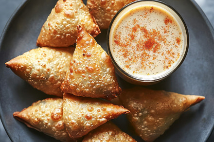 Crispy Indian Samosas with milk, a Food & Drink Photo by Virgo Studio