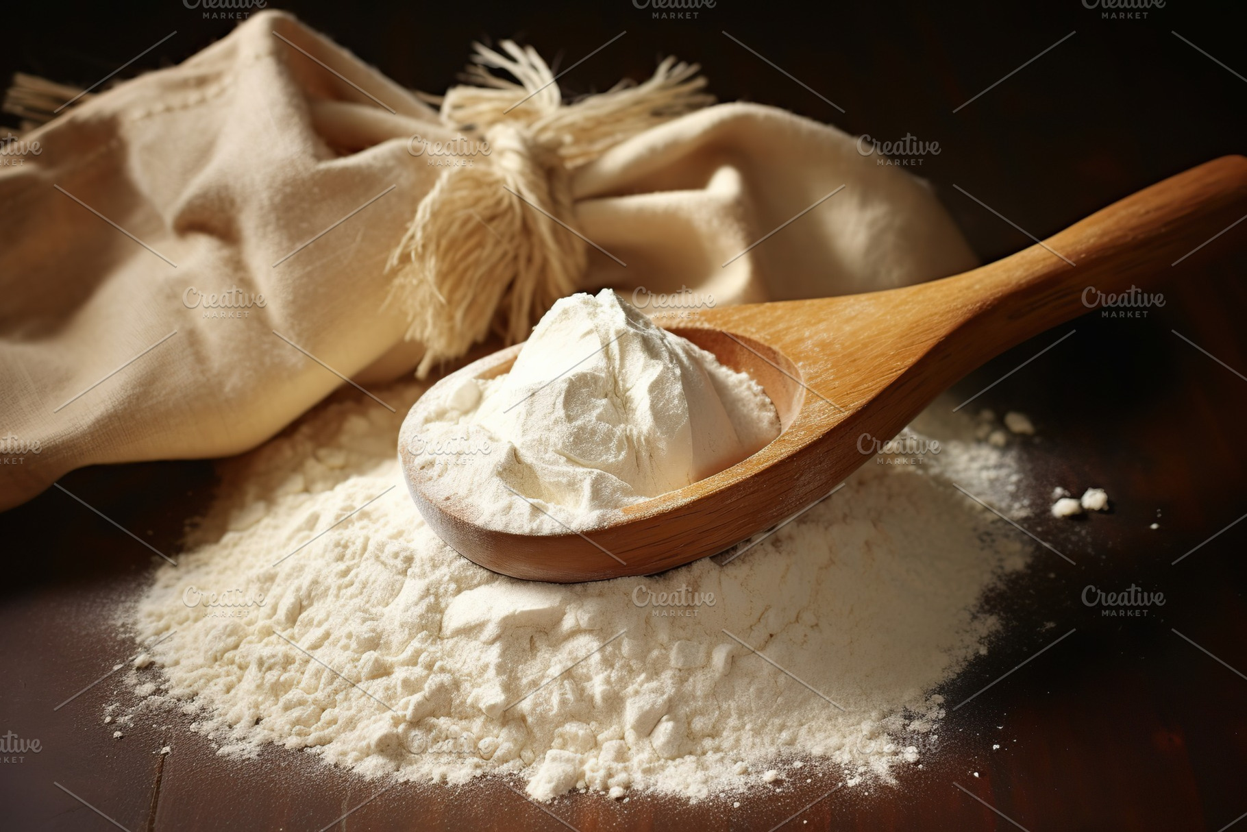 Flour in wooden spoon on table, a Food & Drink Photo by AlyaAnd
