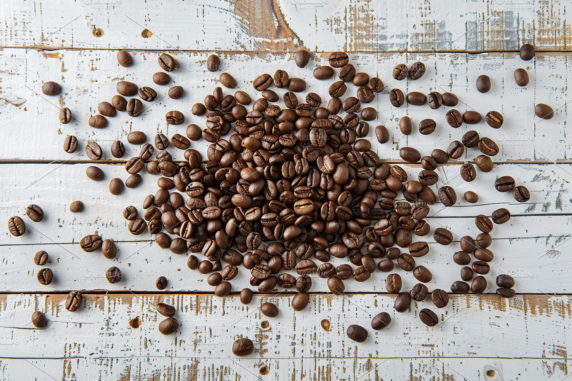 Heap of coffee beans on wooden table, a Food & Drink Photo by AlyaAnd