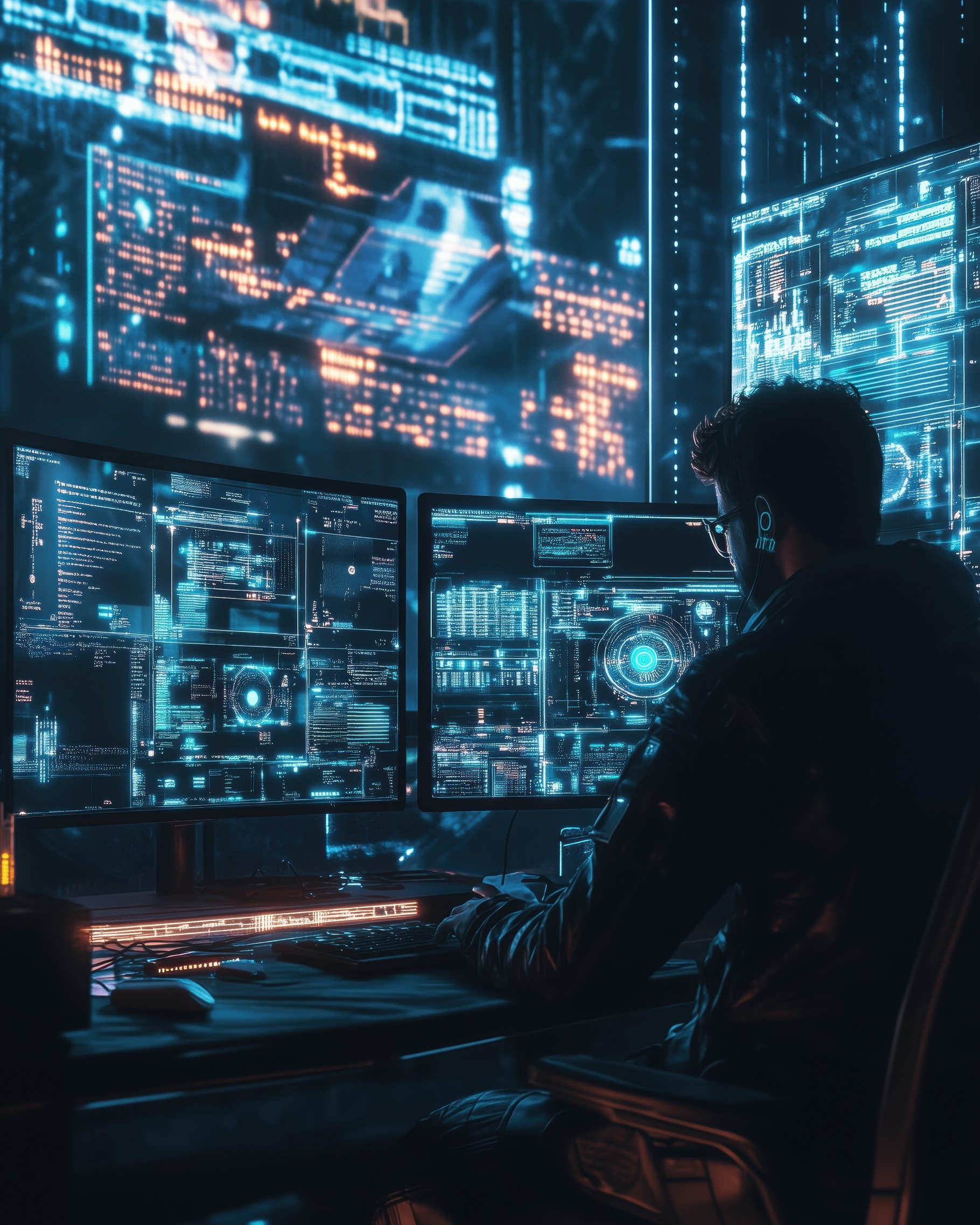 A person working at a high-tech computer setup with multiple screens ...