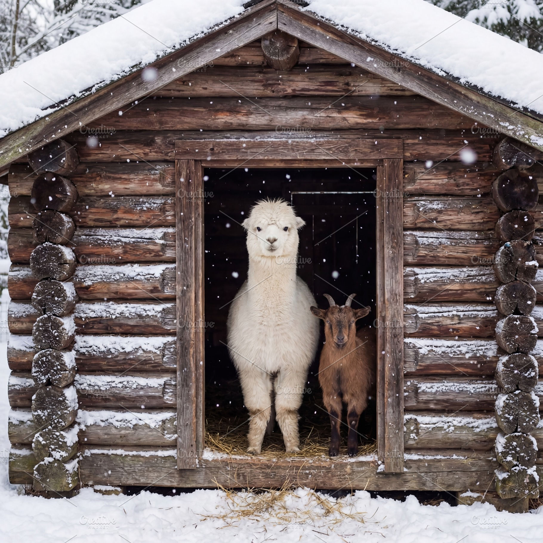 Alpaca and Goat in Log Cabin Doorway, an Animal Photo by Virgo Studio