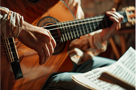 Young musician strumming an acoustic, a Person Photo by Lermont51