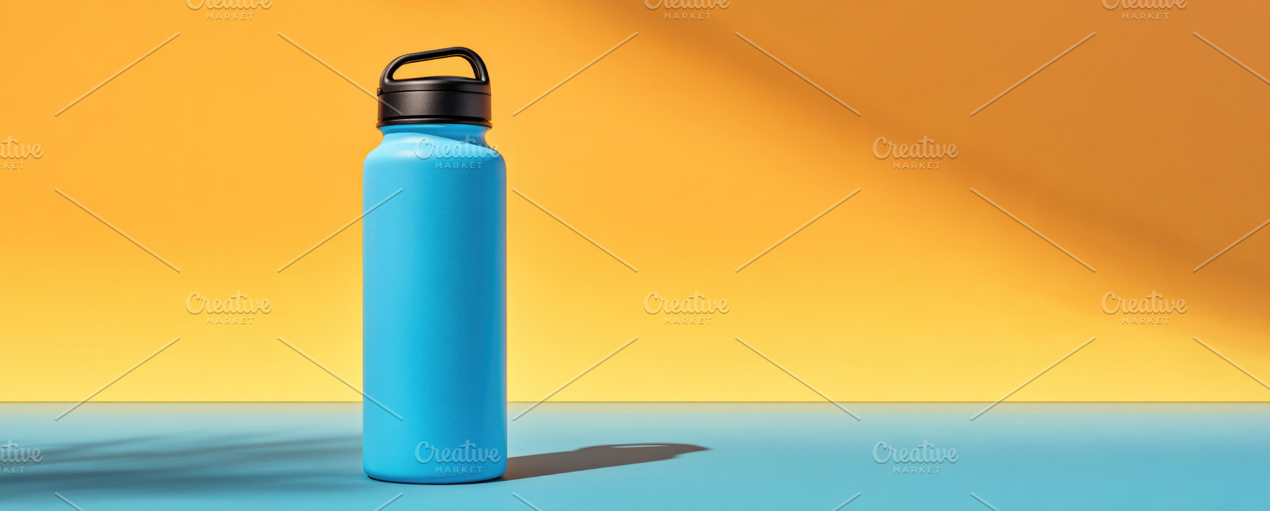 Blue Reusable Water Bottle on Warm Yellow Background Product Moc, a Beauty & Fashion Photo by José Manuel Gelpi