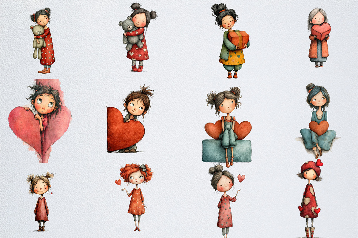 Whimsical Valentine Girl Clipart, an Illustration by Watercolor design (Photo 3 of 6)