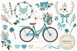 Vintage Blue Vector Bicycle & Flower, an Illustration by Amanda Ilkov