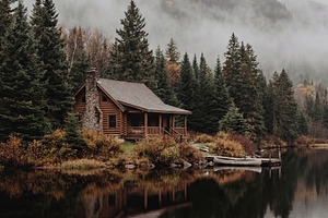 Rustic Log Cabin on a Serene Lake, a Nature Photo by Virgo Studio