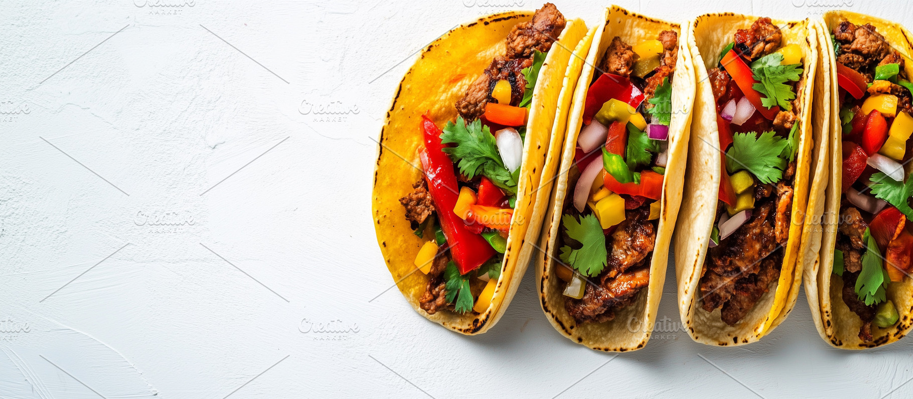 Row of colorful beef tacos filled, a Food & Drink Photo by MistyDay