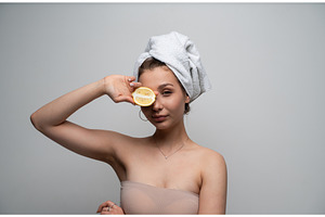 Woman with hair wrapped in towel, a Person Photo by volodymyrshtun13795