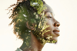 Double exposure of African American woman with nature elements,, a Photo by Dvoevnore photos