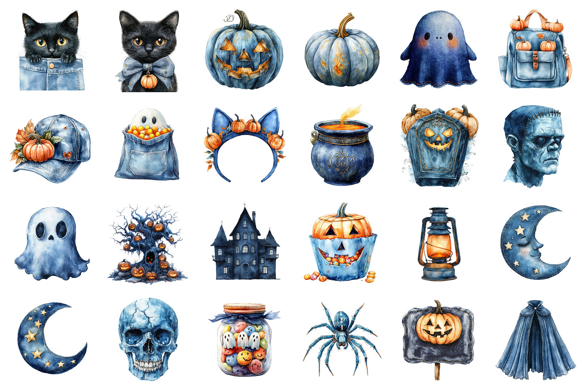 Watercolor Denim Halloween Set PNG, an Illustration by SinaCreation (Photo 2 of 7)
