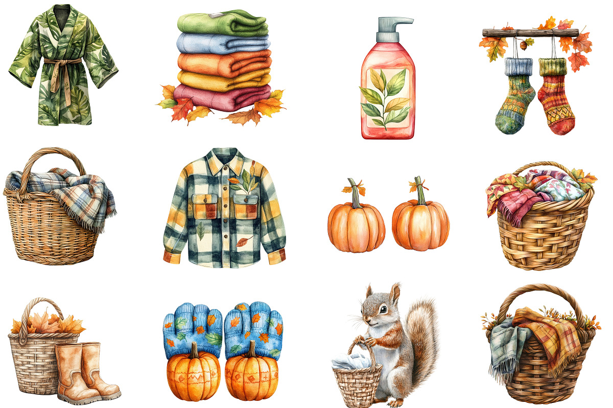 Watercolor Autumn Laundry Clipart, an Illustration by Designworld (Photo 3 of 6)