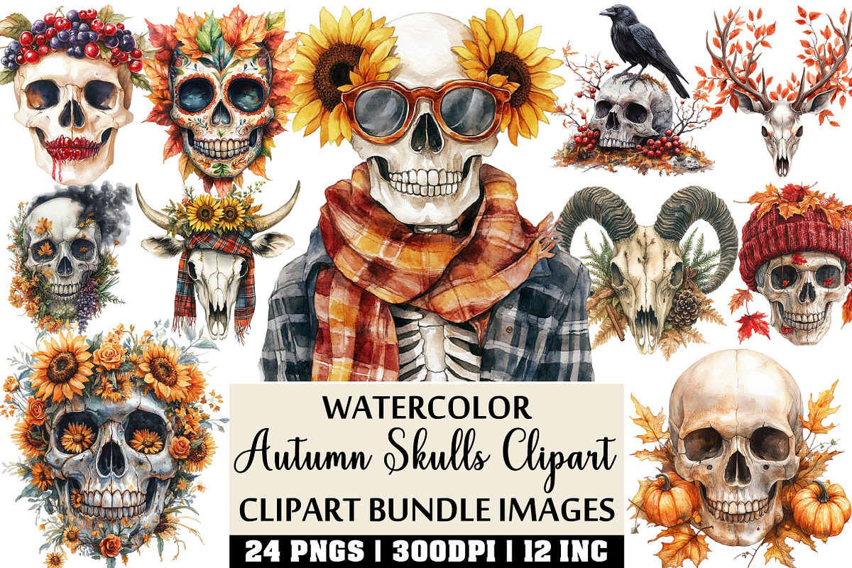 Autumn Skulls Clipart PNG Set, an Illustration by Craft Nest (Photo 1 of 4)