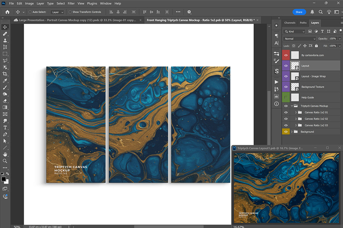 Triptych Canvas Mockup – Ratio 1x2, a Merchandise Mockup by Mockups by Carlos Viloria (Photo 2 of 7)