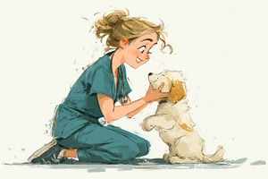 Kind female veterinarian kneeling and gently caring for playful, an Animal Photo by José Manuel Gelpi