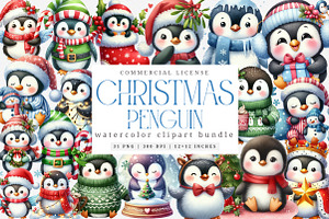 Watercolor Winter Penguin Clipart, an Illustration by SinaCreation