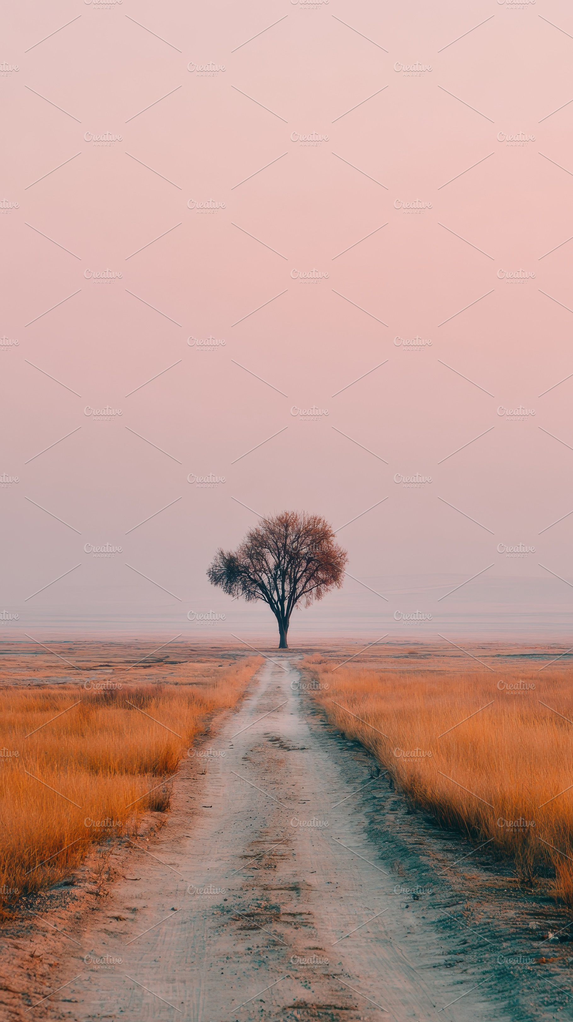 Lonely Tree on a Dirt Road at Sunset, a Photo by Pixeness Studio