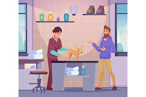 Veterinarian examining dog with pet