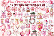 Pink Christmas Watercolor Clipart, an Illustration by Sublimation Artist (Thumbnail 1 of 6)