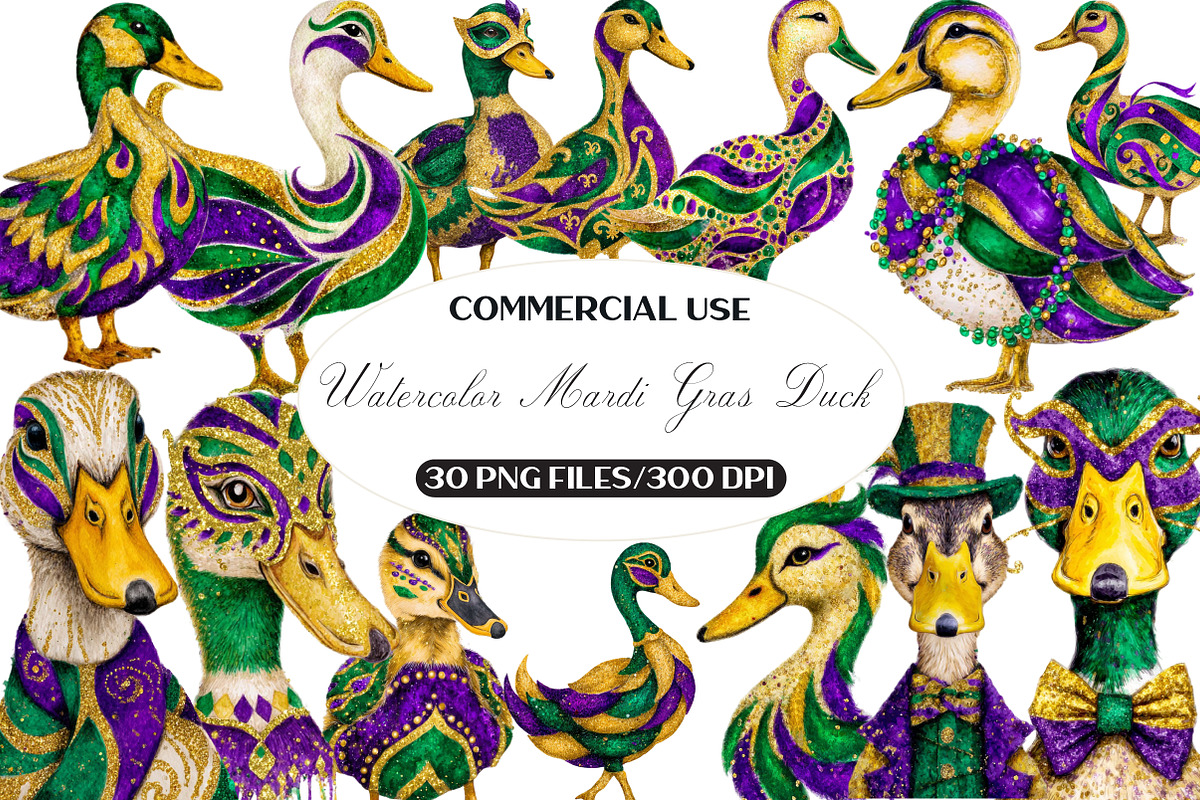 Watercolor Mardi Gras Duck Clipart, an Illustration by Black Bird Studio (Photo 1 of 6)