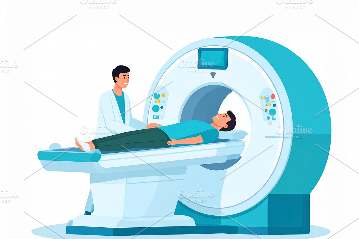 Mri in room with a patient lying still inside the machine illust, a Healthcare Illustration by DanFLCreativo