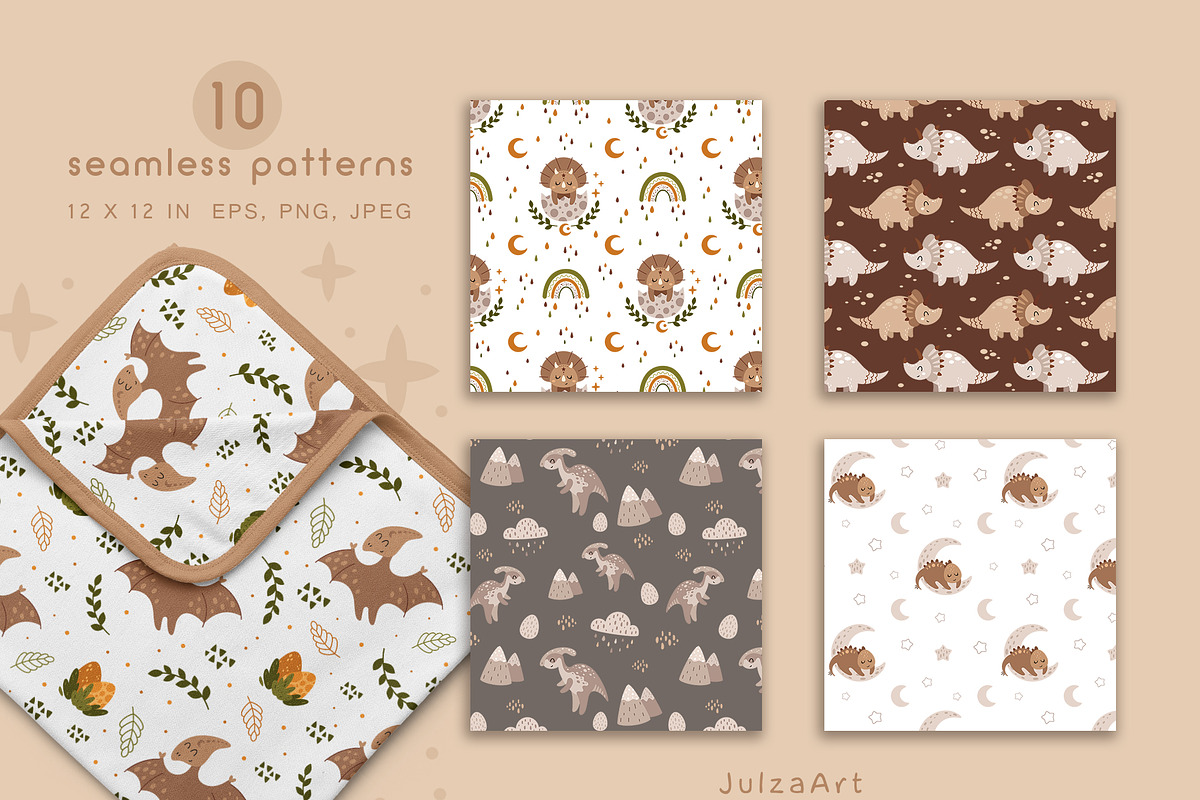 Boho dinosaur clipart & patterns, an Animal Illustration by JulzaArt (Photo 7 of 9)