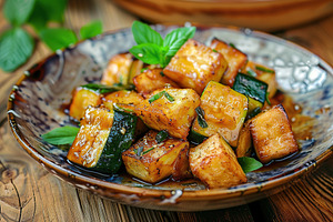 Grilled zucchini pieces in plate on wooden table, a Food & Drink Photo by AlyaAnd