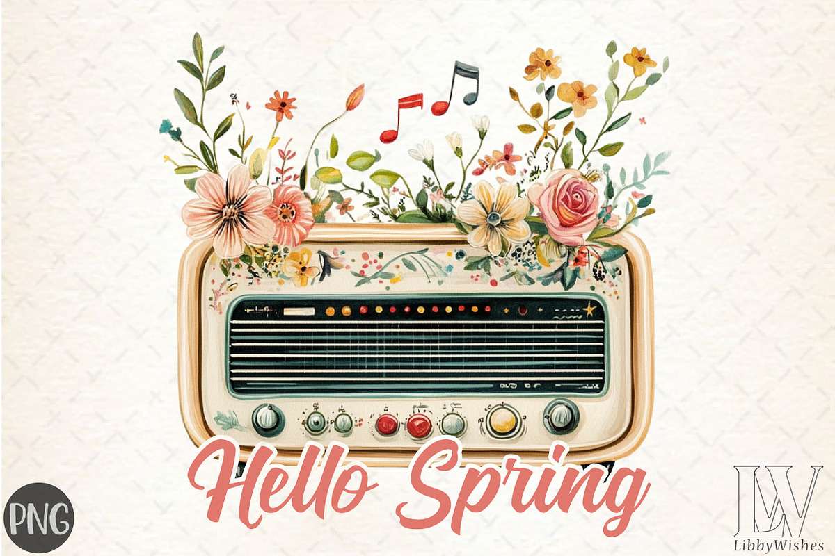 Hello Spring Radio with Flower PNG, an Illustration by Libby Wishes (Photo 1 of 4)