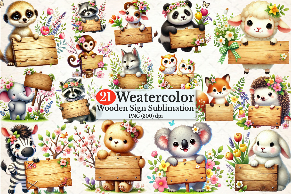 Animals with Wooden Signs Clipart, a Seasonal Illustration by Rose Art (Photo 1 of 4)