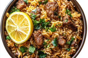 Brown Bowl of Mutton biryani with sa, a Business Photo by Pixeness Studio