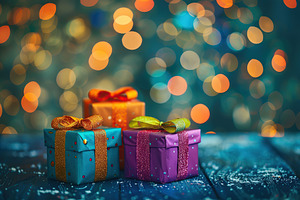 Colorful christmas gift boxes with ribbon bows on blurred lights background, a Holiday Photo by AlyaAnd
