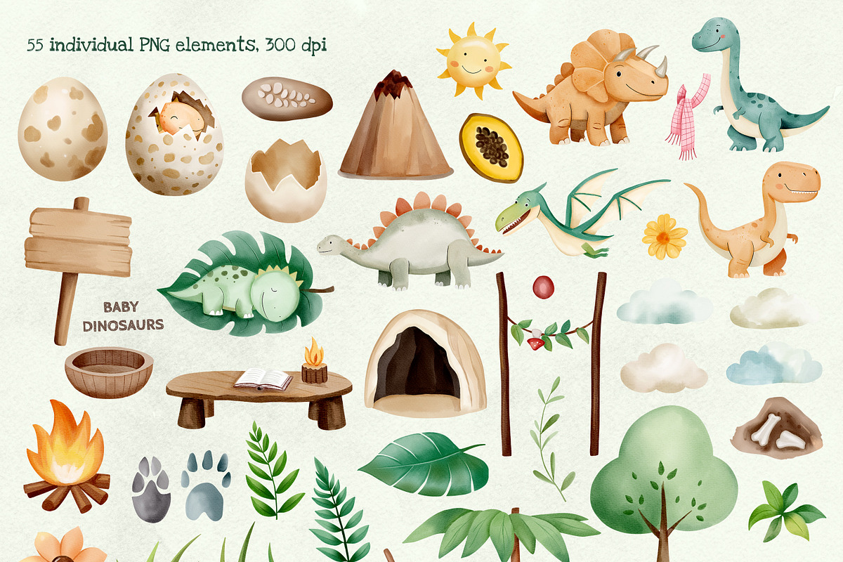 Baby Dinosaurs. Watercolor clipart, an Illustration by Hanna's ArtLab (Photo 2 of 5)