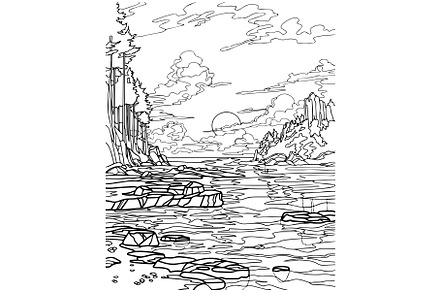 Landscape with river. Coloring book, an Illustration by Canatic
